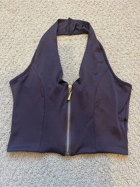 Brown Halter Crop Top with Front Zip